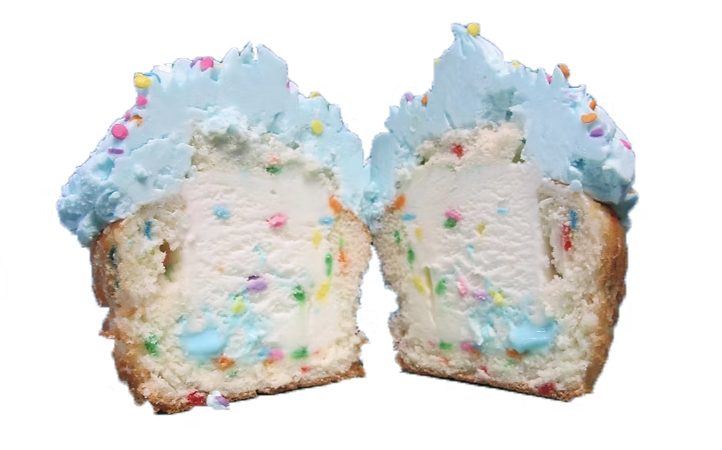 Birthday Party ice cream cupcake cut in half showing funfetti cake, vanilla ice cream, and rainbow sprinkles