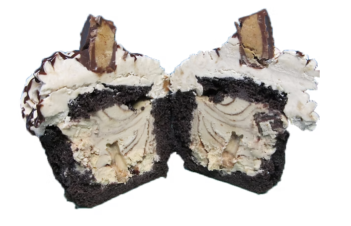 Peanut butter ice cream cupcake cut in half showing peanut butter ice cream center and Reese's cup on top