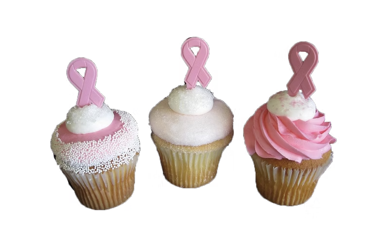 Three pink-ribbon vanilla cupcakes