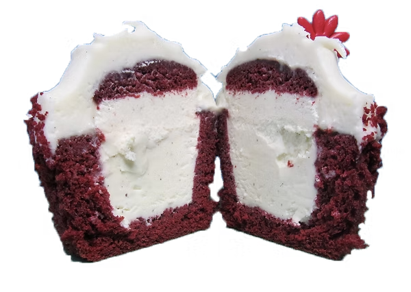 Red Velvet ice cream cupcake cut in half showing vanilla ice cream center